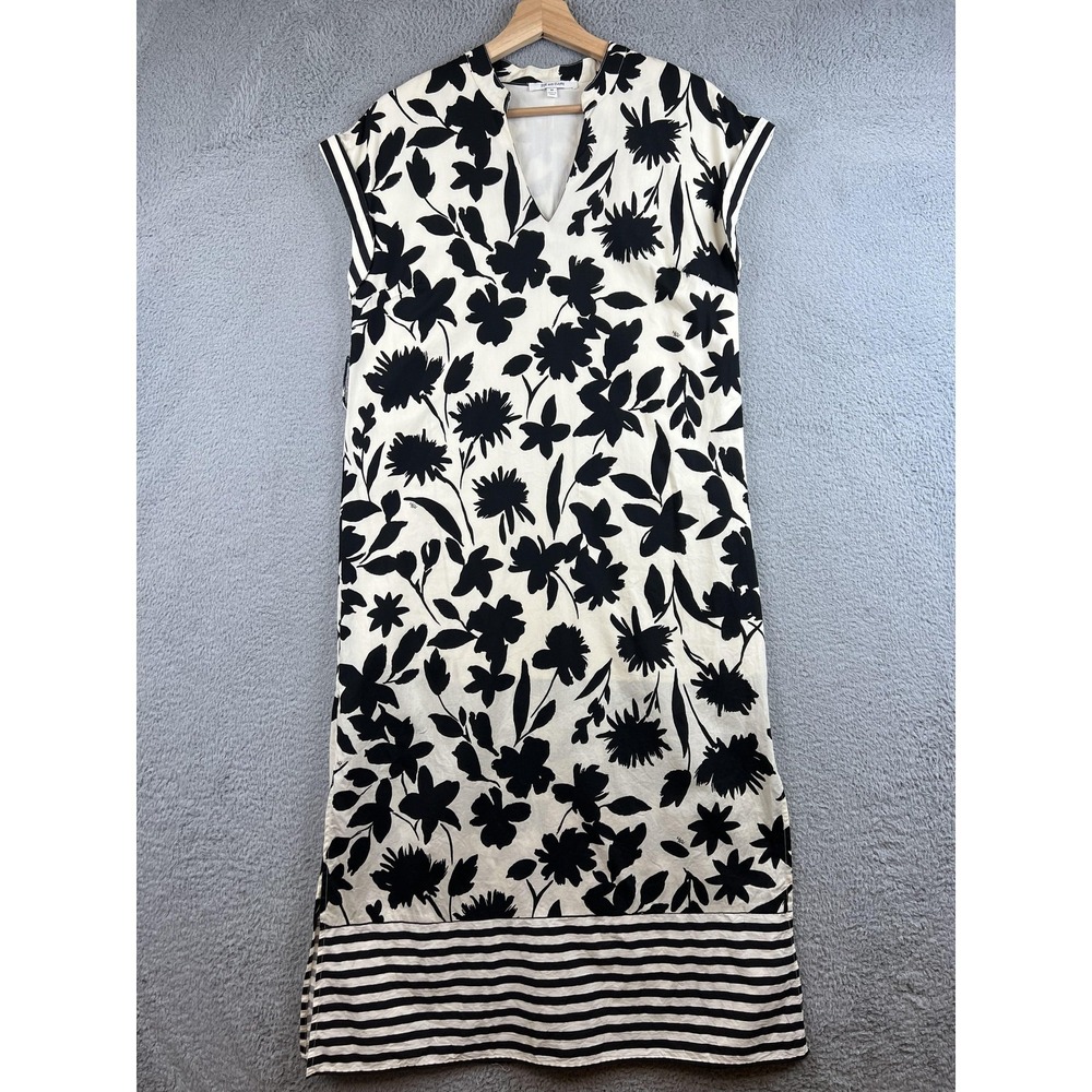 Zoe And Claire Dress Womens Medium White Floral Stripe V Neck Shift Midi Casual